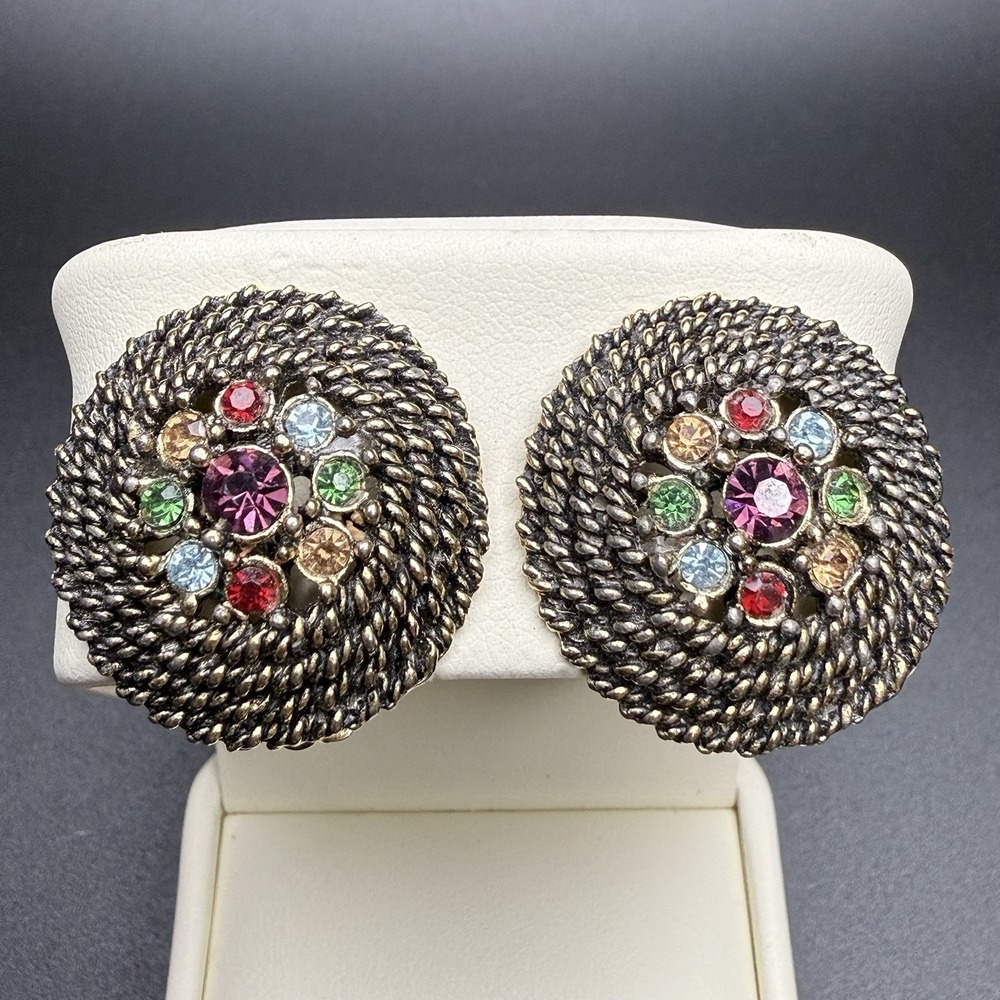 Vintage Judy Lee Gold Tone Rope Multicolor Rhinestone Clip On Earrings Statement
